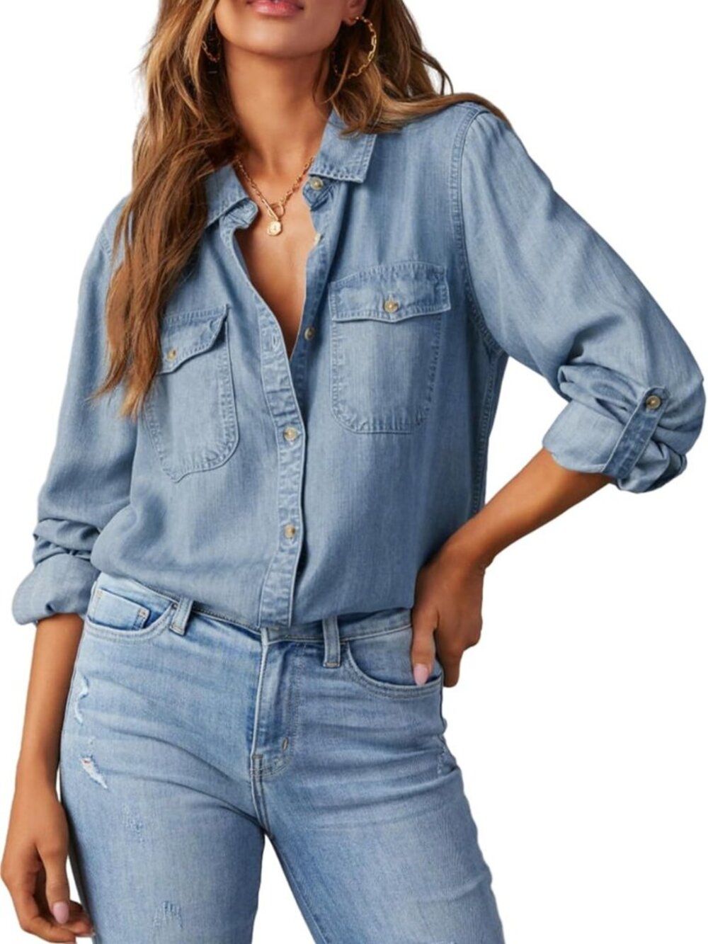 Chic Women's Denim Button Down Chambray Blouse Shirt - Casual & Stylish Top